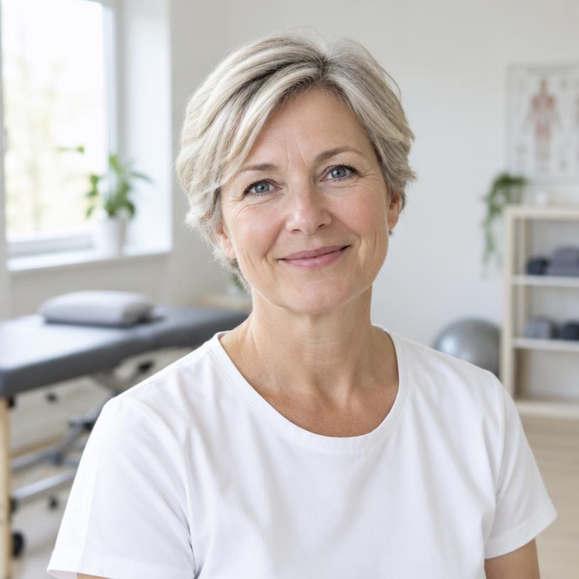 Illustrasjonsportrett av en fysioterapeut i et lyst behandlingsrom